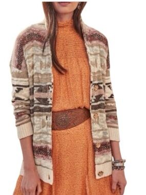 Sundance Chenoa Western Aztec Print Cardigan Sweater Tan Cream Blush Small